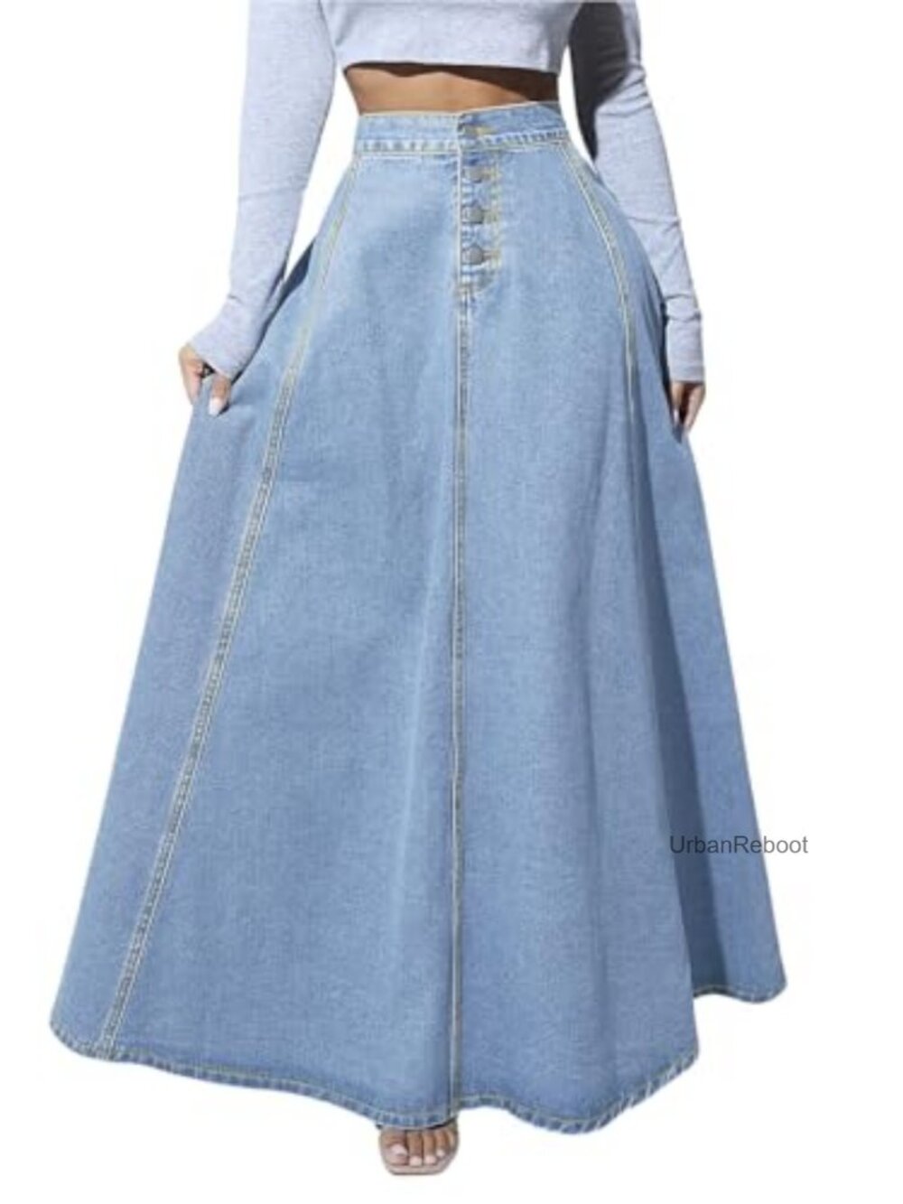 Women's Retro High Waisted Button Fly Flared Long Maxi Denim Skirt